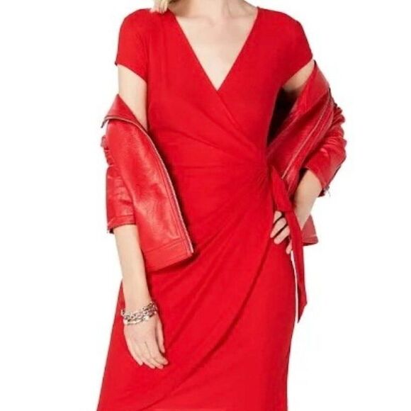 INC International Concept Red Cap sleeves tie Faux front wrap dress, size L - Picture 1 of 5